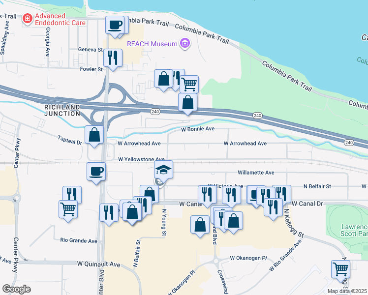 map of restaurants, bars, coffee shops, grocery stores, and more near 7113 West Arrowhead Avenue in Kennewick