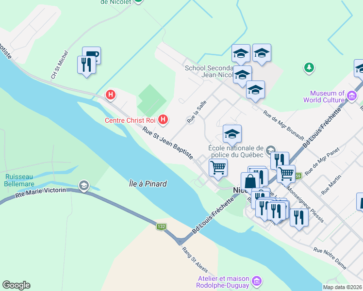 map of restaurants, bars, coffee shops, grocery stores, and more near 533 Rue Saint Jean Baptiste in Nicolet