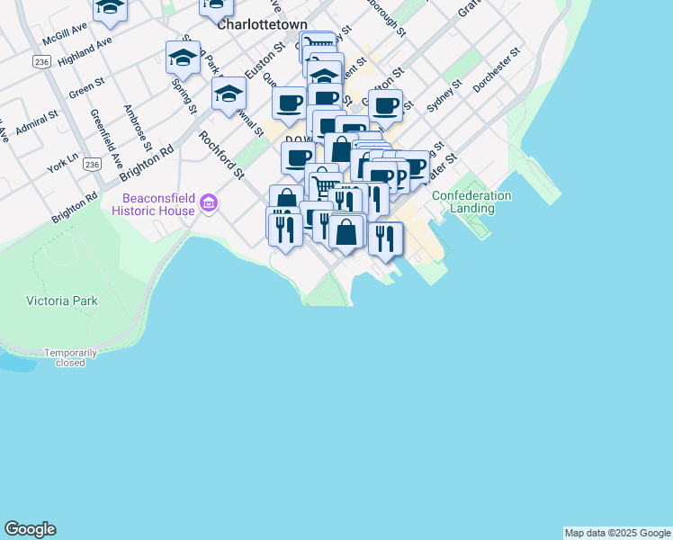 map of restaurants, bars, coffee shops, grocery stores, and more near 1 Haviland Street in Charlottetown