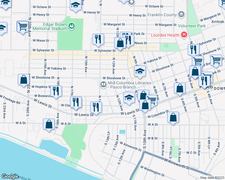 map of restaurants, bars, coffee shops, grocery stores, and more near 316 North 12th Avenue in Pasco