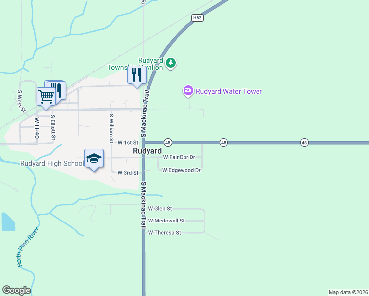 map of restaurants, bars, coffee shops, grocery stores, and more near 10500-10860 West Fair Dor Drive in Rudyard
