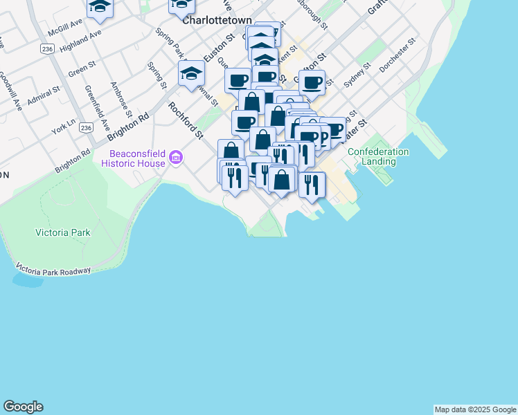 map of restaurants, bars, coffee shops, grocery stores, and more near 13 Haviland Street in Charlottetown