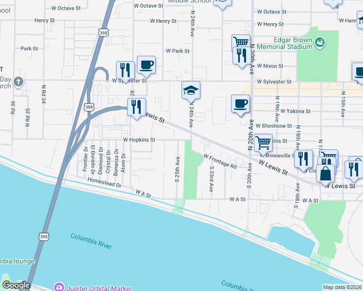 map of restaurants, bars, coffee shops, grocery stores, and more near 316-322 South 25th Avenue in Pasco