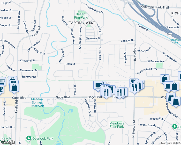 map of restaurants, bars, coffee shops, grocery stores, and more near 1661 Larkspur Drive in Richland