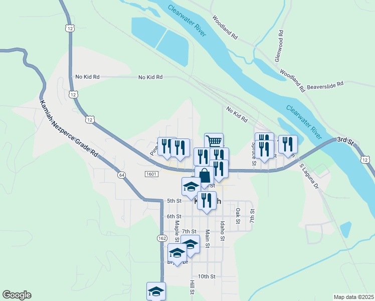 map of restaurants, bars, coffee shops, grocery stores, and more near 120 Hillside Drive in Kamiah