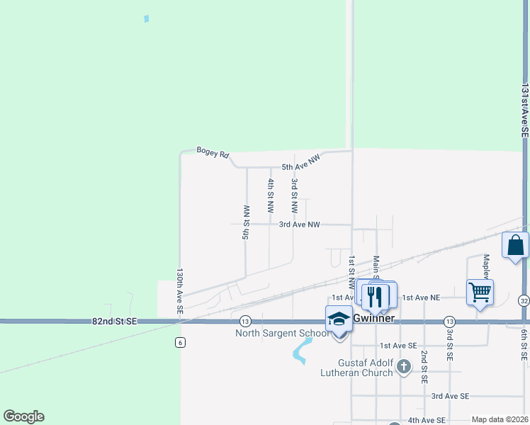 map of restaurants, bars, coffee shops, grocery stores, and more near 404 4th Street Northwest in Gwinner