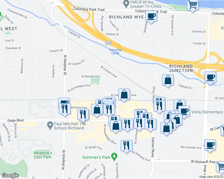 map of restaurants, bars, coffee shops, grocery stores, and more near 2110 North Montana Street in Kennewick