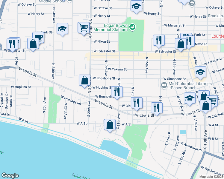 map of restaurants, bars, coffee shops, grocery stores, and more near 203 North 19th Avenue in Pasco