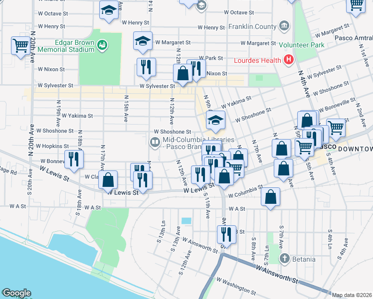 map of restaurants, bars, coffee shops, grocery stores, and more near 1201-1299 West Bonneville Street in Pasco