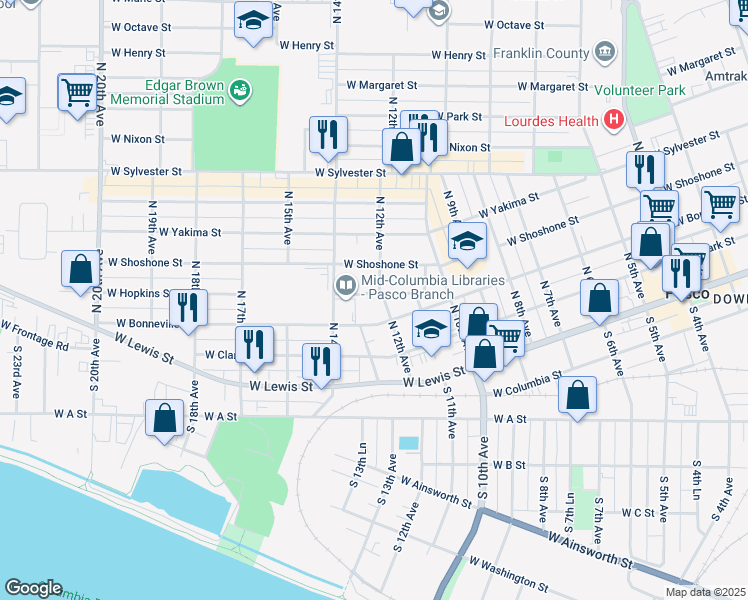 map of restaurants, bars, coffee shops, grocery stores, and more near 316 North 12th Avenue in Pasco