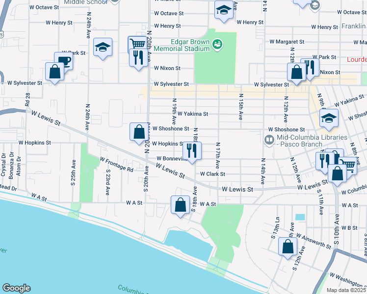 map of restaurants, bars, coffee shops, grocery stores, and more near 203 North 19th Avenue in Pasco
