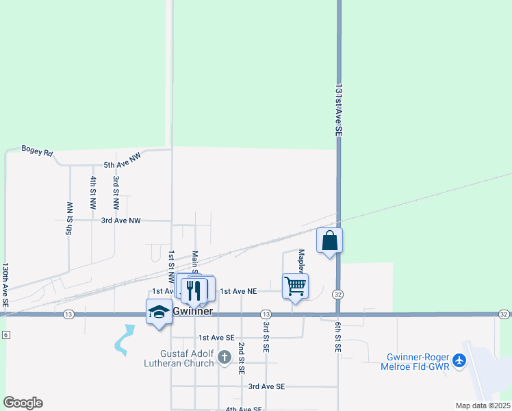 map of restaurants, bars, coffee shops, grocery stores, and more near 210 1st Avenue Northeast in Gwinner