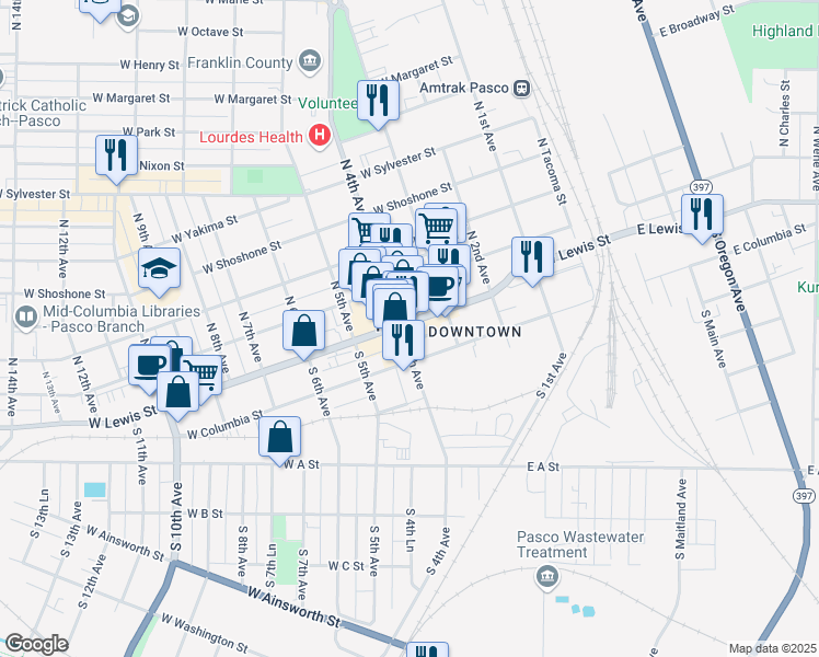 map of restaurants, bars, coffee shops, grocery stores, and more near 430 West Lewis Street in Pasco