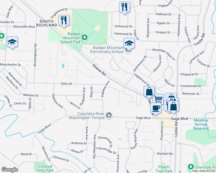 map of restaurants, bars, coffee shops, grocery stores, and more near 1724 Kapalua Avenue in Richland