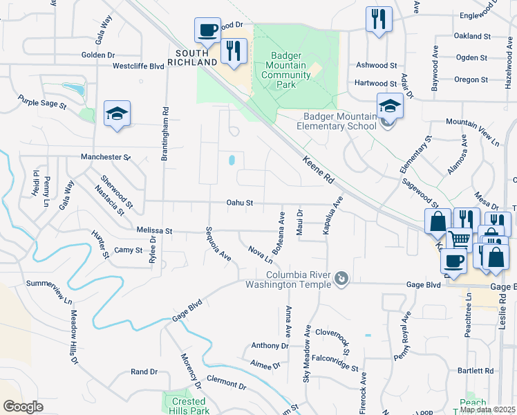 map of restaurants, bars, coffee shops, grocery stores, and more near 403 Oahu Street in Richland