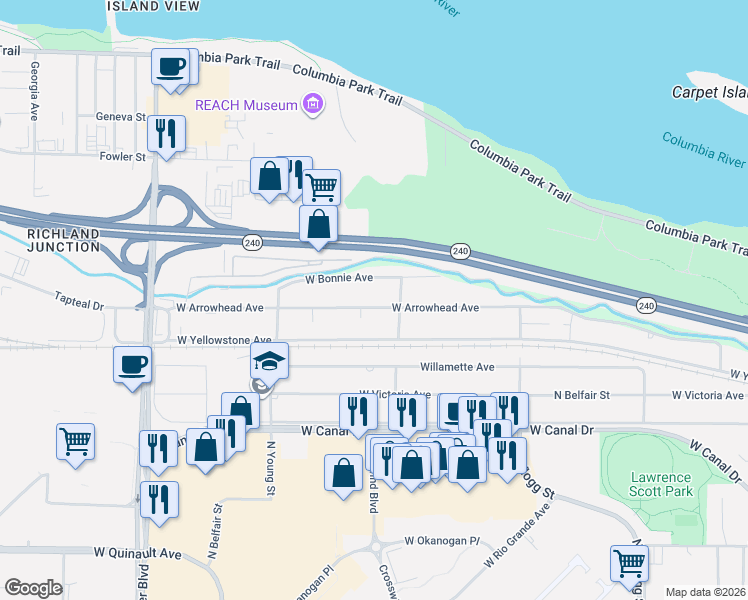 map of restaurants, bars, coffee shops, grocery stores, and more near 6901 West Arrowhead Avenue in Kennewick