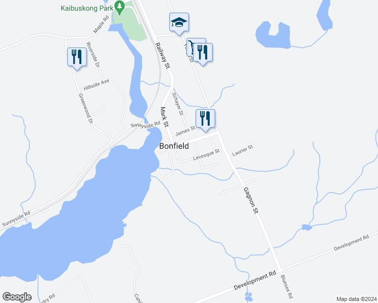 map of restaurants, bars, coffee shops, grocery stores, and more near 203 Labrecque Street in Bonfield