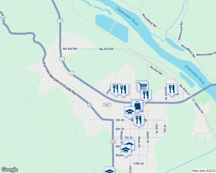 map of restaurants, bars, coffee shops, grocery stores, and more near 209 Pine Road in Kamiah