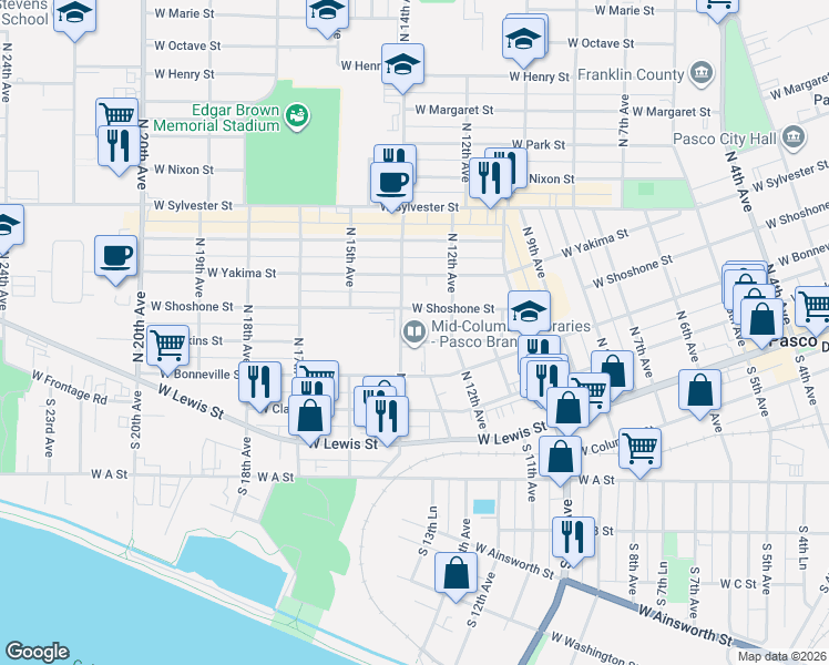 map of restaurants, bars, coffee shops, grocery stores, and more near 300-350 N 14th Ave in Pasco