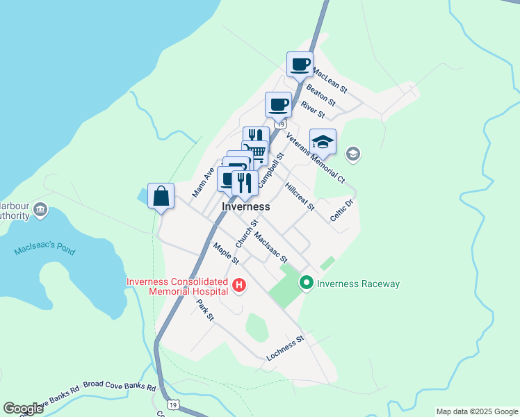 map of restaurants, bars, coffee shops, grocery stores, and more near 87 Church Street in Inverness