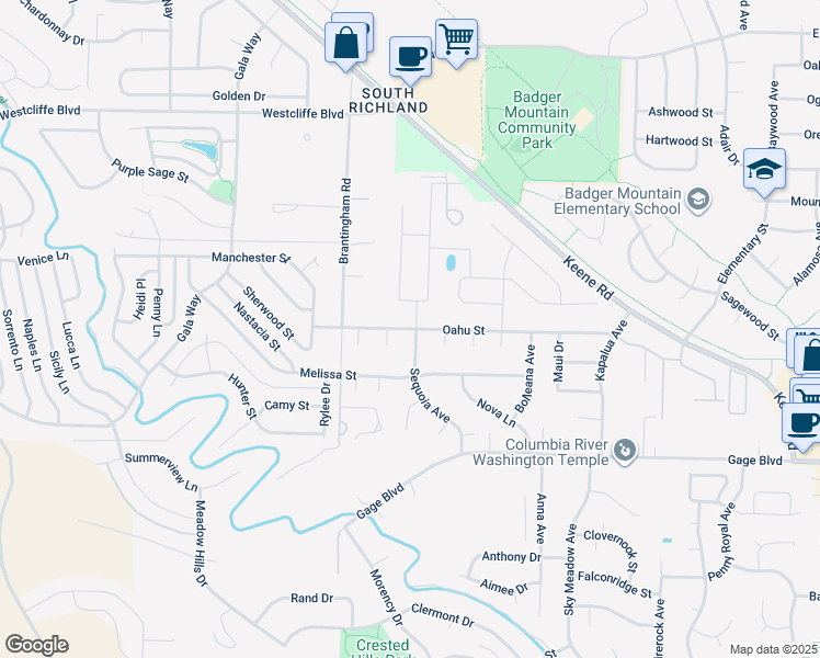 map of restaurants, bars, coffee shops, grocery stores, and more near 505 Oahu Street in Richland
