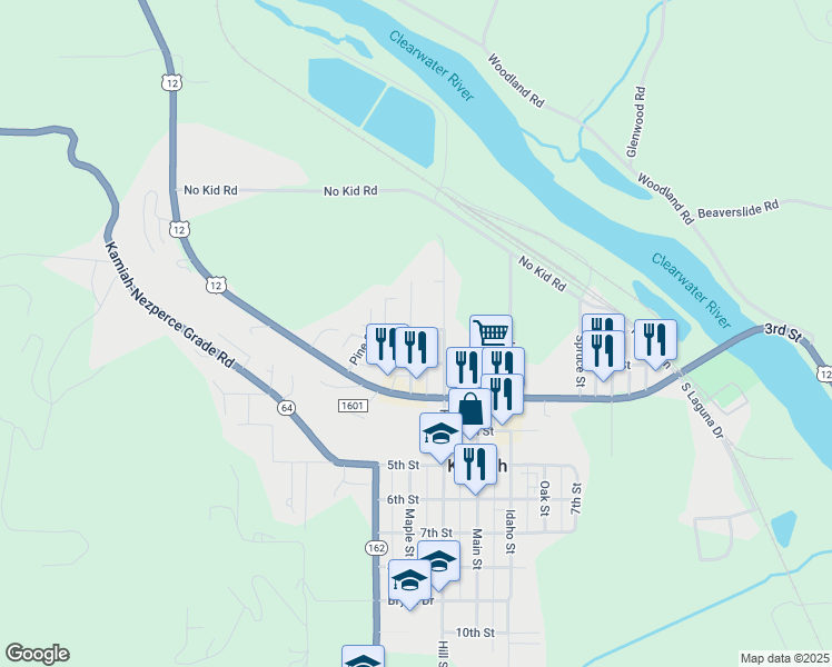 map of restaurants, bars, coffee shops, grocery stores, and more near North Maple Street in Kamiah