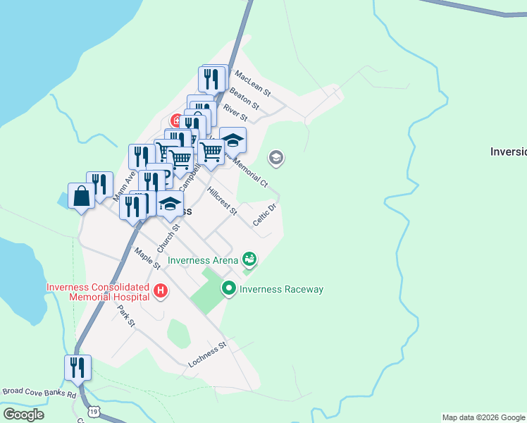 map of restaurants, bars, coffee shops, grocery stores, and more near 23 Celtic Drive in Inverness