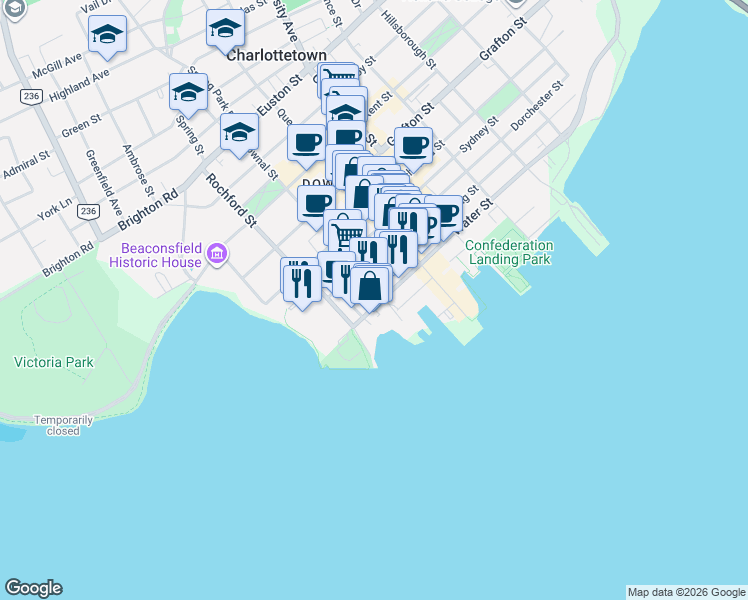 map of restaurants, bars, coffee shops, grocery stores, and more near 23 Water Street in Charlottetown