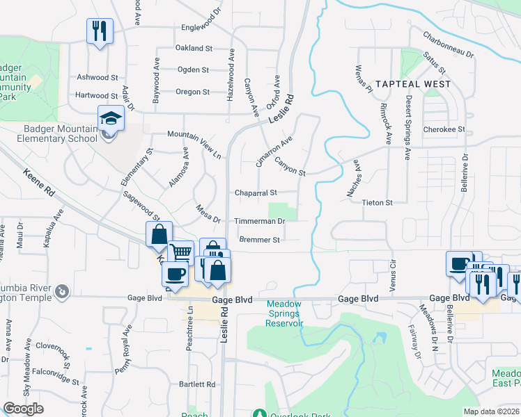 map of restaurants, bars, coffee shops, grocery stores, and more near 109 Chaparral Street in Richland