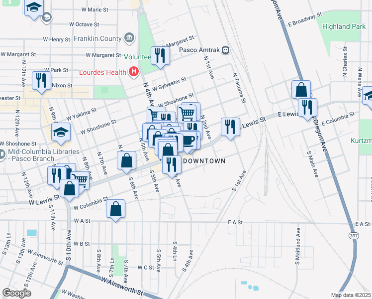 map of restaurants, bars, coffee shops, grocery stores, and more near 403 West Lewis Street in Pasco