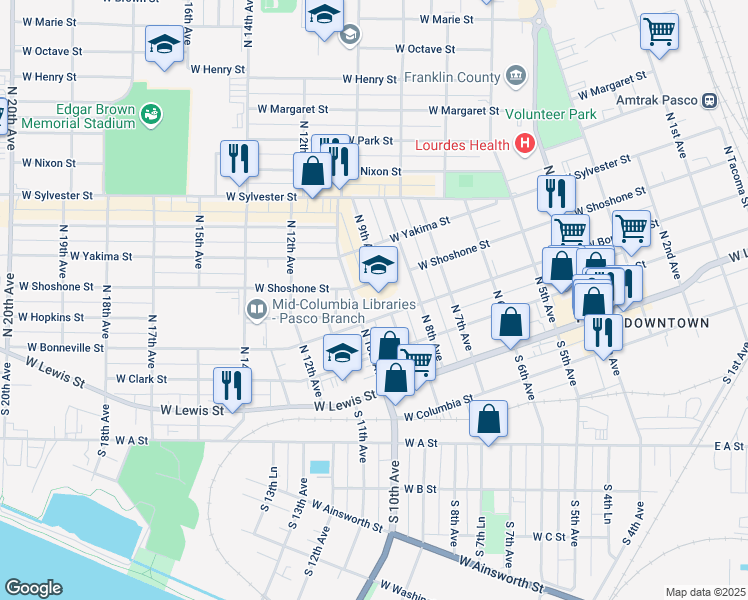 map of restaurants, bars, coffee shops, grocery stores, and more near 301 North 10th Avenue in Pasco