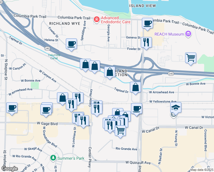 map of restaurants, bars, coffee shops, grocery stores, and more near 1550 Tapteal Drive in Richland