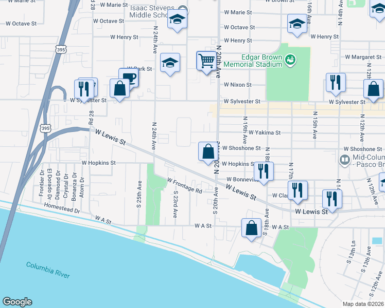 map of restaurants, bars, coffee shops, grocery stores, and more near 2200 West Shoshone Street in Pasco
