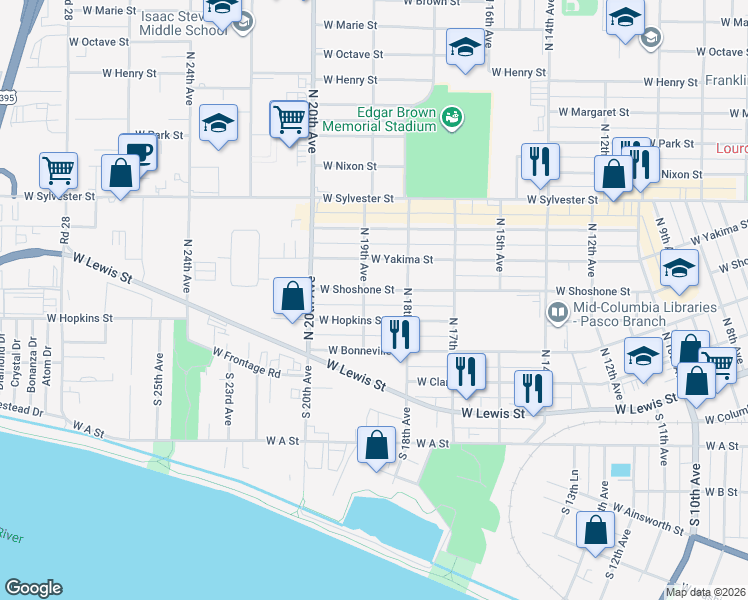 map of restaurants, bars, coffee shops, grocery stores, and more near 1827 West Shoshone Street in Pasco