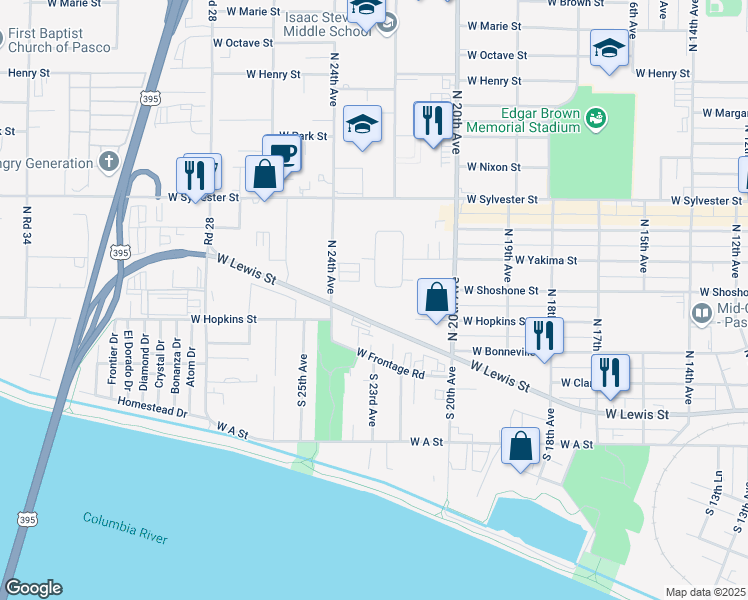 map of restaurants, bars, coffee shops, grocery stores, and more near 302 North 23rd Avenue in Pasco