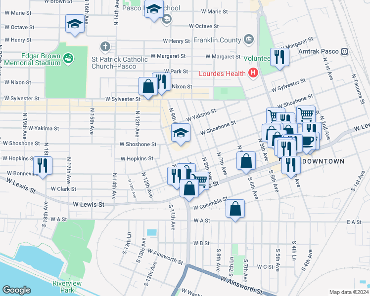 map of restaurants, bars, coffee shops, grocery stores, and more near 301 North 10th Avenue in Pasco