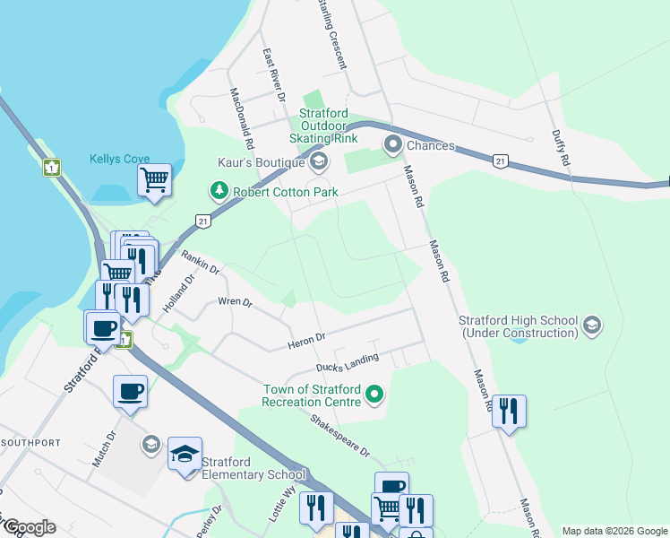 map of restaurants, bars, coffee shops, grocery stores, and more near 22-42 Wren Drive in Stratford