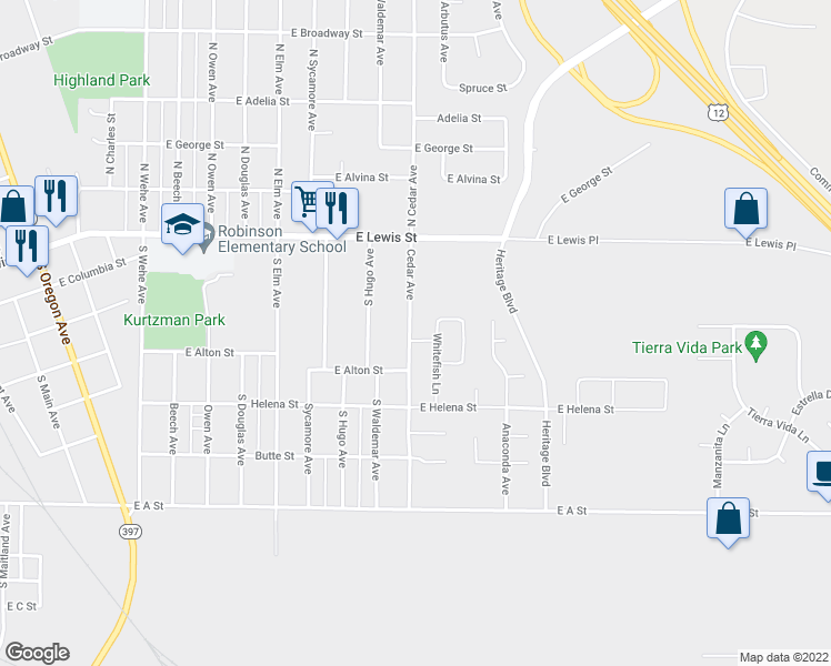 map of restaurants, bars, coffee shops, grocery stores, and more near 405 Cedar Avenue in Pasco