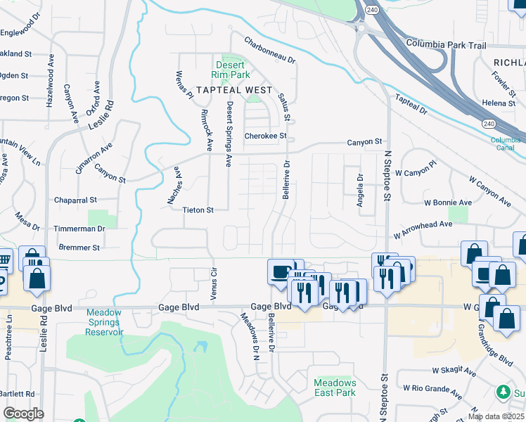 map of restaurants, bars, coffee shops, grocery stores, and more near 1625 Larkspur Drive in Richland
