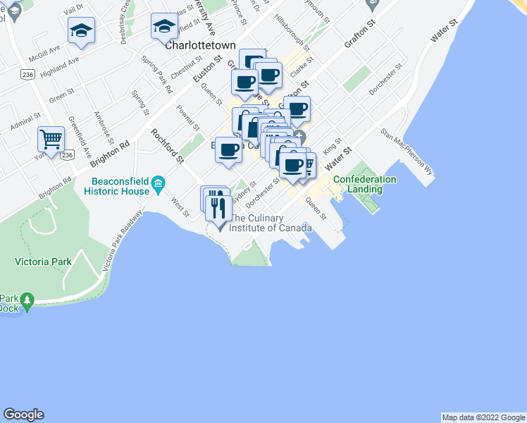 map of restaurants, bars, coffee shops, grocery stores, and more near 28 King Street in Charlottetown