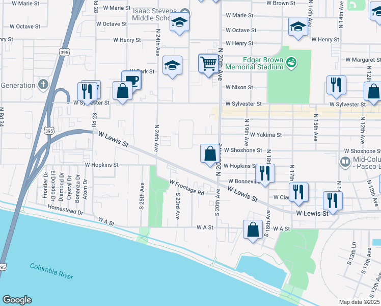 map of restaurants, bars, coffee shops, grocery stores, and more near 301 North 22nd Avenue in Pasco