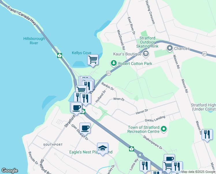 map of restaurants, bars, coffee shops, grocery stores, and more near 4 Holland Drive in Stratford