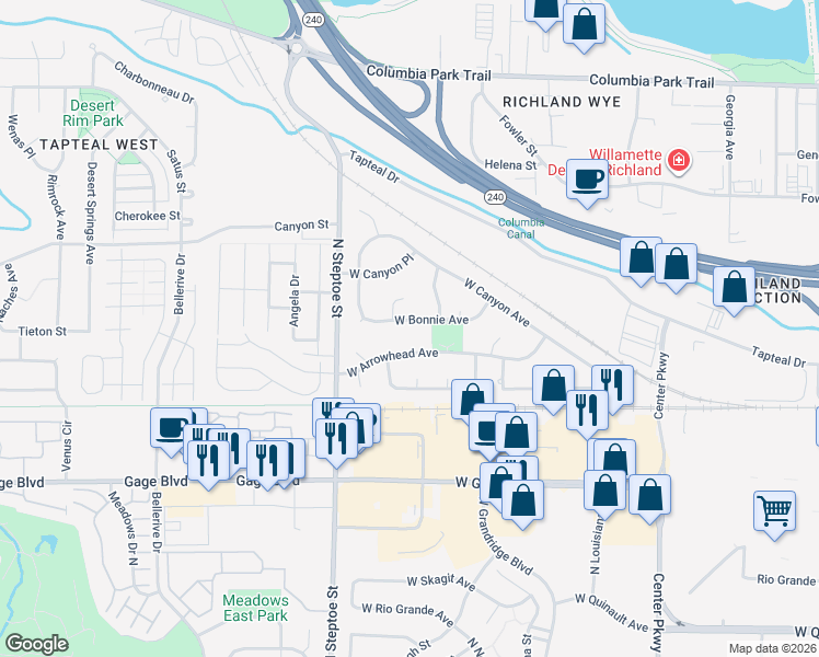 map of restaurants, bars, coffee shops, grocery stores, and more near 8819 West Bonnie Avenue in Kennewick