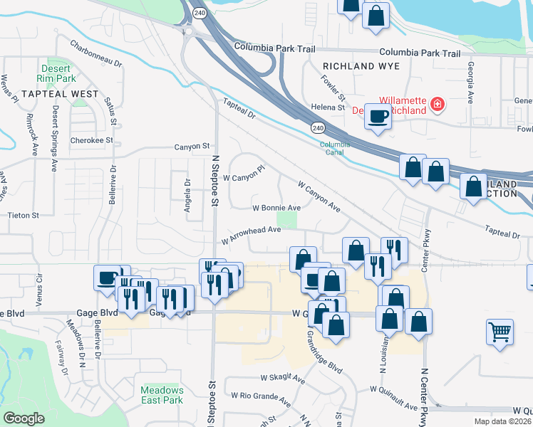 map of restaurants, bars, coffee shops, grocery stores, and more near 8819 West Bonnie Avenue in Kennewick