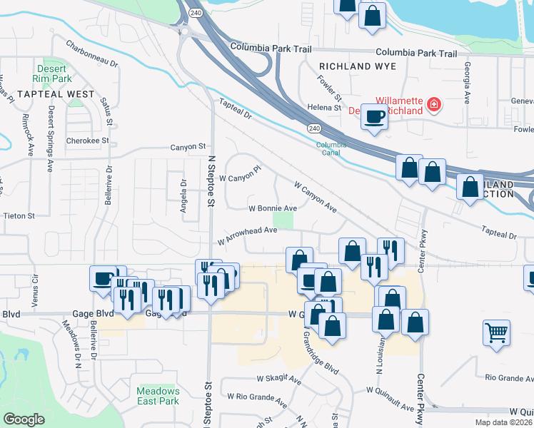 map of restaurants, bars, coffee shops, grocery stores, and more near 8819 West Bonnie Avenue in Kennewick
