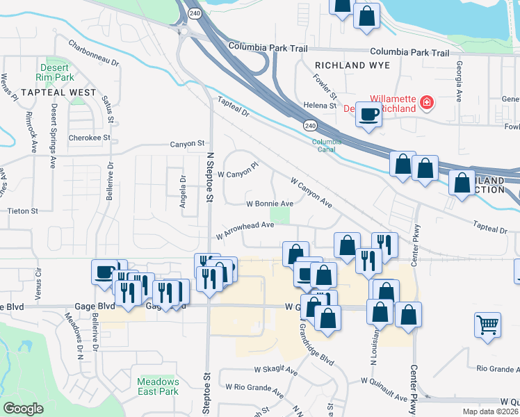 map of restaurants, bars, coffee shops, grocery stores, and more near 8813 West Bonnie Avenue in Kennewick
