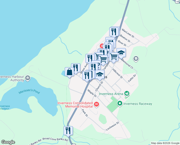 map of restaurants, bars, coffee shops, grocery stores, and more near 24 Mackenzie Avenue in Inverness