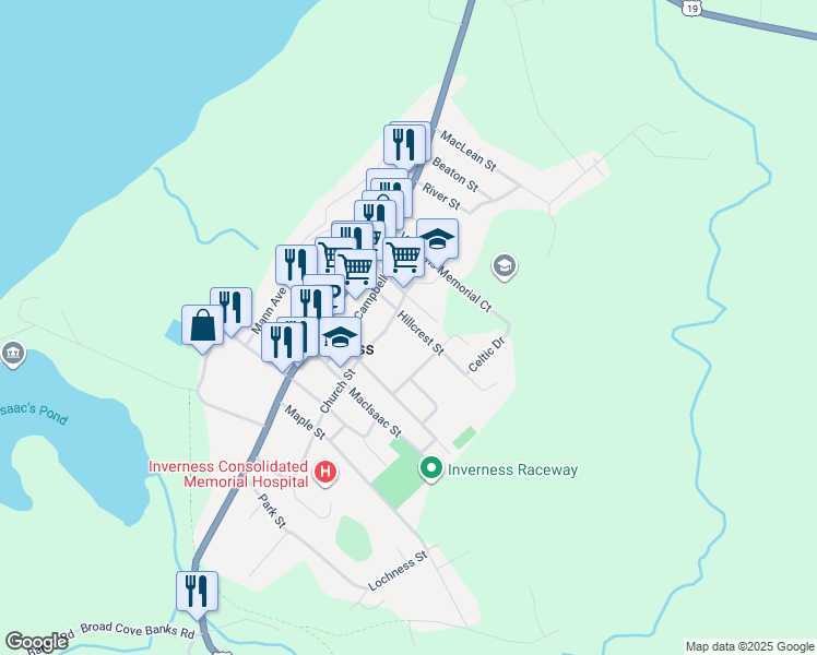 map of restaurants, bars, coffee shops, grocery stores, and more near 34 Hillcrest Street in Inverness