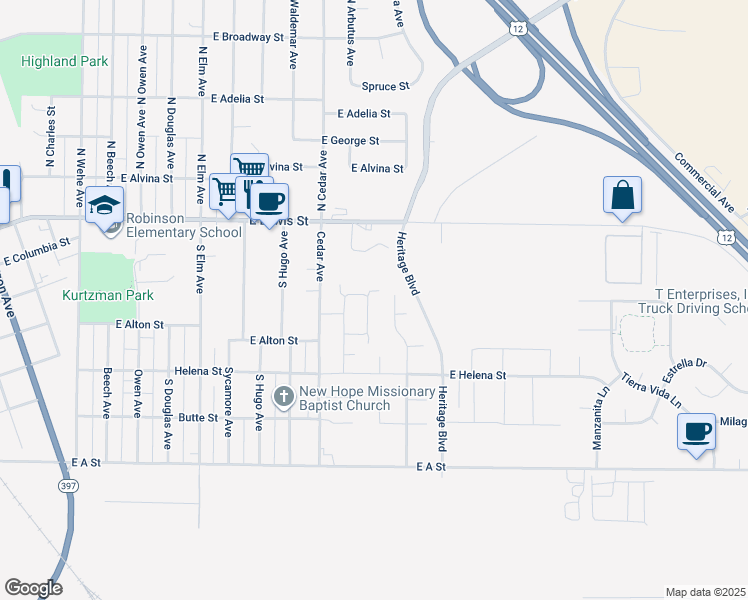 map of restaurants, bars, coffee shops, grocery stores, and more near 2504 Ronan Street in Pasco