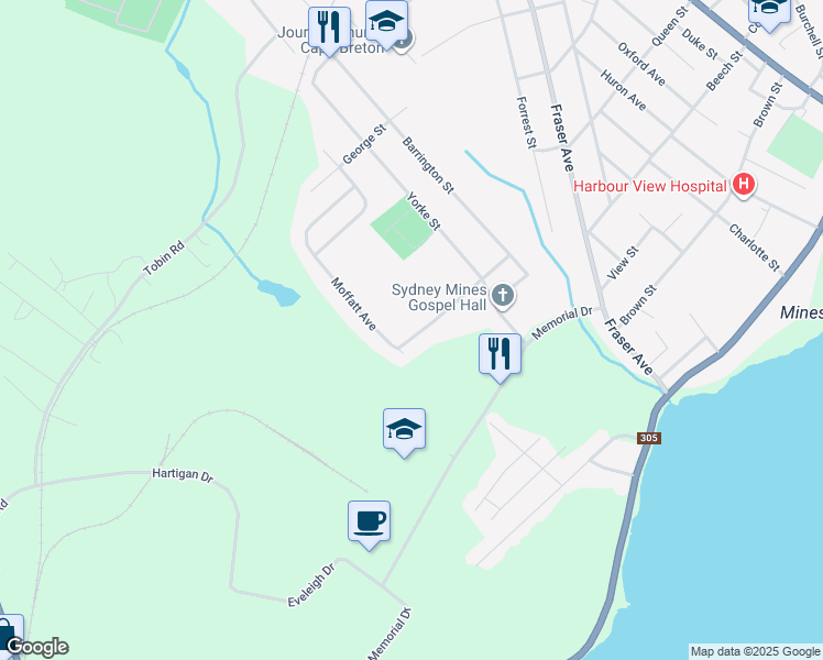 map of restaurants, bars, coffee shops, grocery stores, and more near 64 Mae Avenue in Sydney Mines